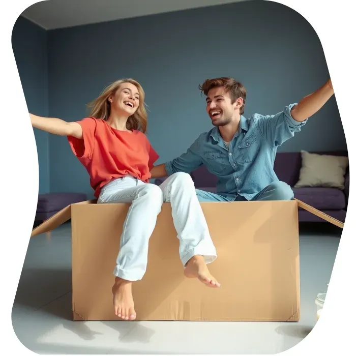 Two guys sitting on the floor of their apartment with Muval moving boxes